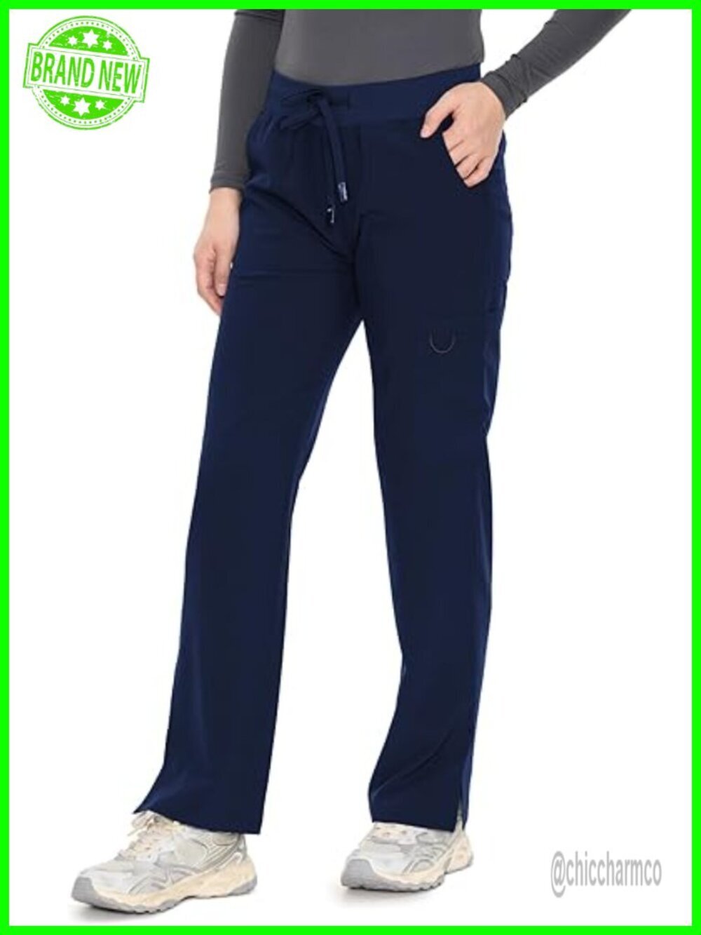 Straight-Leg Cargo Scrub Pants with 3 Pockets Drawstring Waist